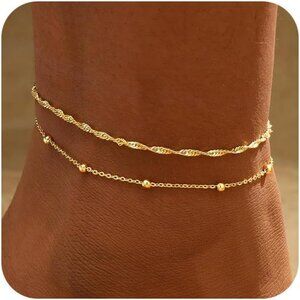 2/3 PCS Gold Anklets for Women Waterproof Cuban Link Anklet Beaded Bracelets Sta